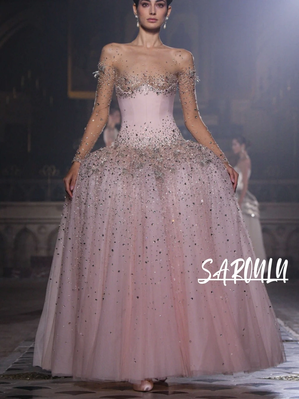 

2026 New Luxury Pink Prom Gown Sparkly Crystal Beaded Sequined Sheer Long Sleeve Formal Fairy Evening Dress For Women Customized