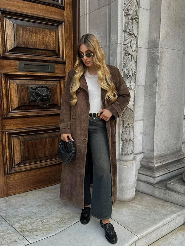 Women Khaki Faux Leather Long Coat With Belt Fashion Double-breasted Lapel Oversized Jacket Autumn Female High Street Outwear