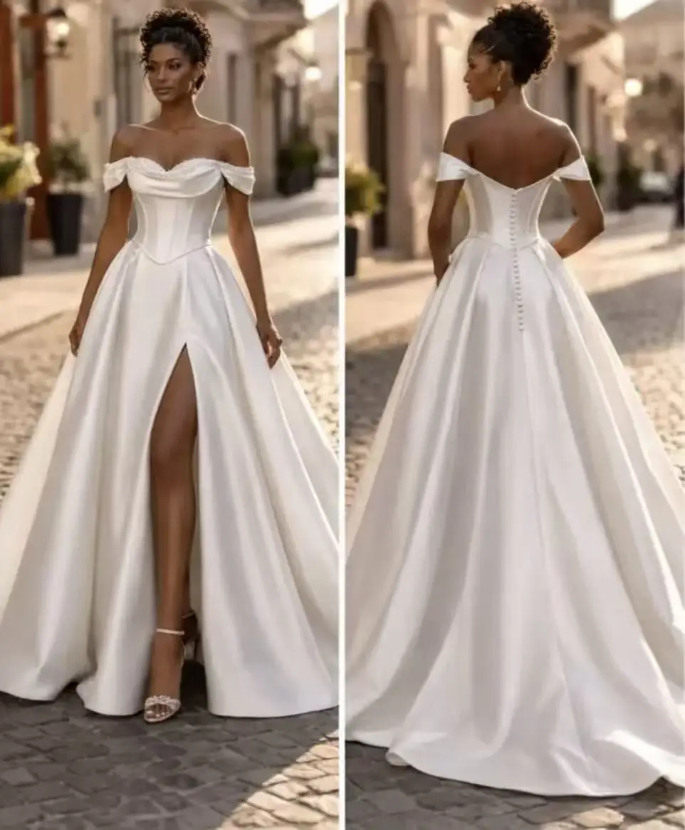 Modern Corset Wedding Dresses for Woman Customized Off The Shoulder Draped Split A Line Satin Bridal Gown Vestidos de novia