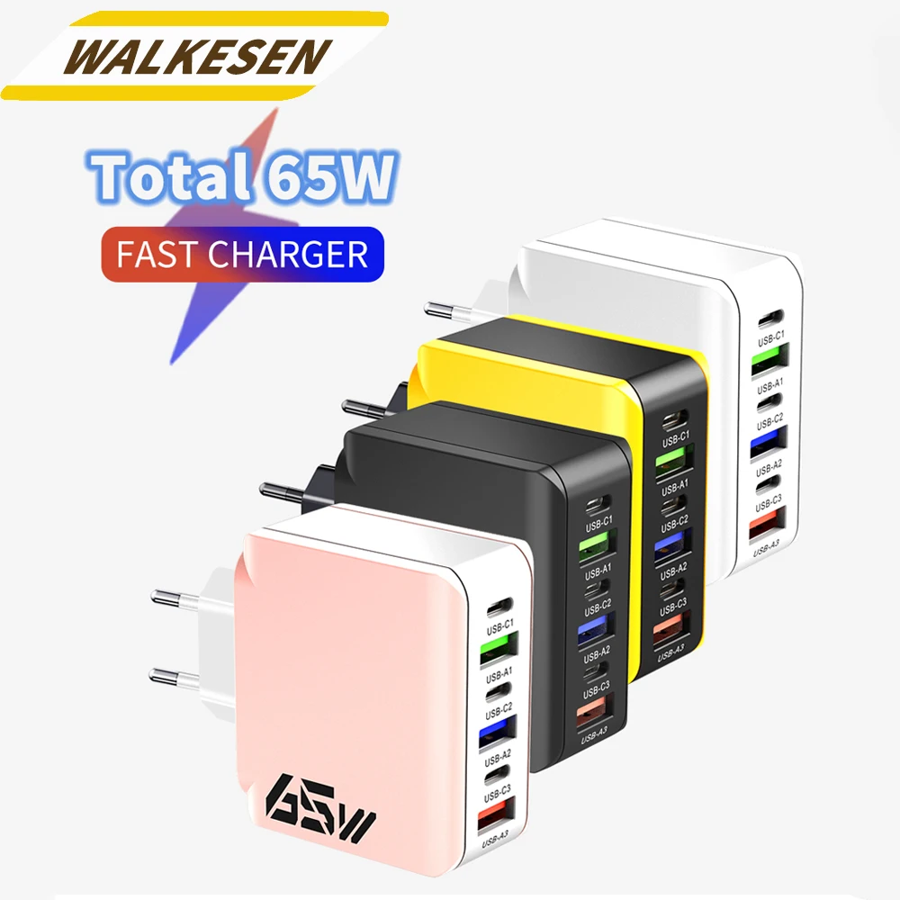 Total 65W 6 Ports USB Charger Quick Charge Type C Wall Charger For iPhone 15 pro Xiaomi Samsung PD Fast Charging Phone Charger