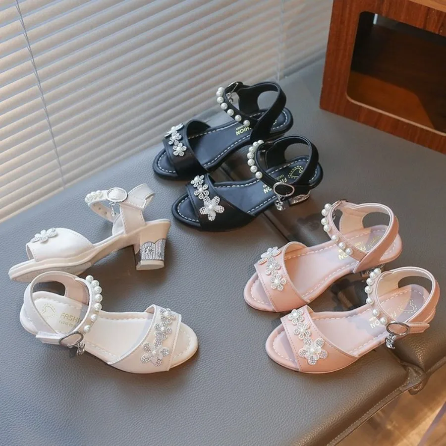 

Girls' Beaded Flower Style Sandals - 2026 New Summer Children's High-Heeled Leather Sandals - Elegant Party Soft-soled Shoes