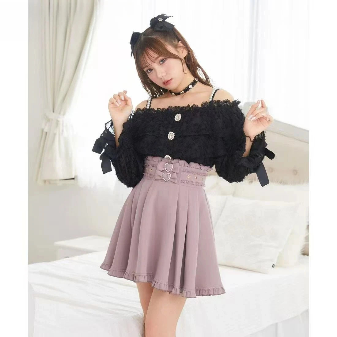 Rojita Camicia da donna a maniche lunghe con spalle scoperte e cinturino in perle Autunno stile giapponese Lolita Dolce e carino camicetta versatile per ragazze