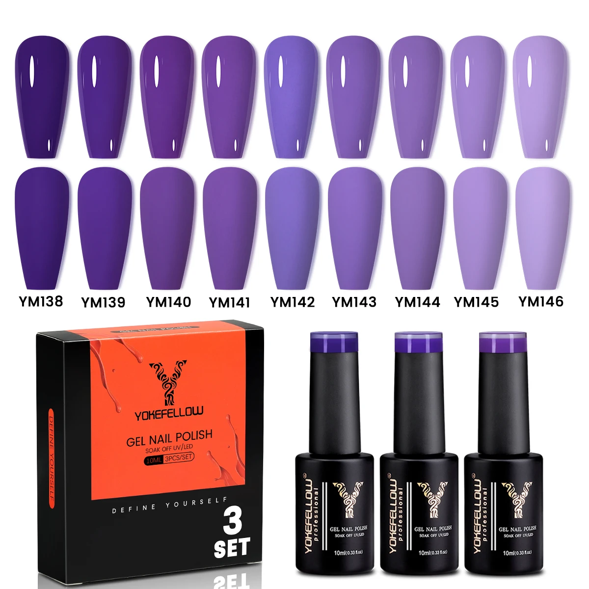 YOEllFELLOW-Ensemble de vernis à ongles gel UV LED, kit de manucure, vernis à ongles violet, trempage, bricolage à la maison, cadeaux de salon pour femmes et filles, 3 pièces
