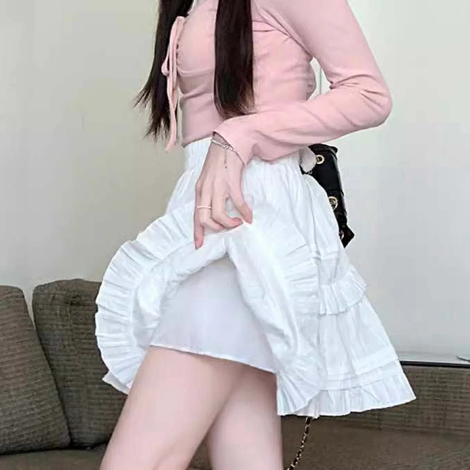 

Mini Skirts for Women French Style Y2k High Waist A-line Ruffles Solid Simple Pleated Skirt Harajuku Sweet Girly White Chic