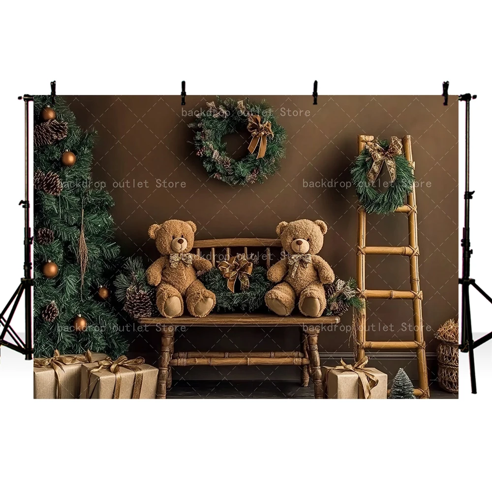 Mehofond Christmas Photography Background Toy Bear Xmas Tree Wreath Rattan Chair Kids Family Portrait Decor Backdrop
