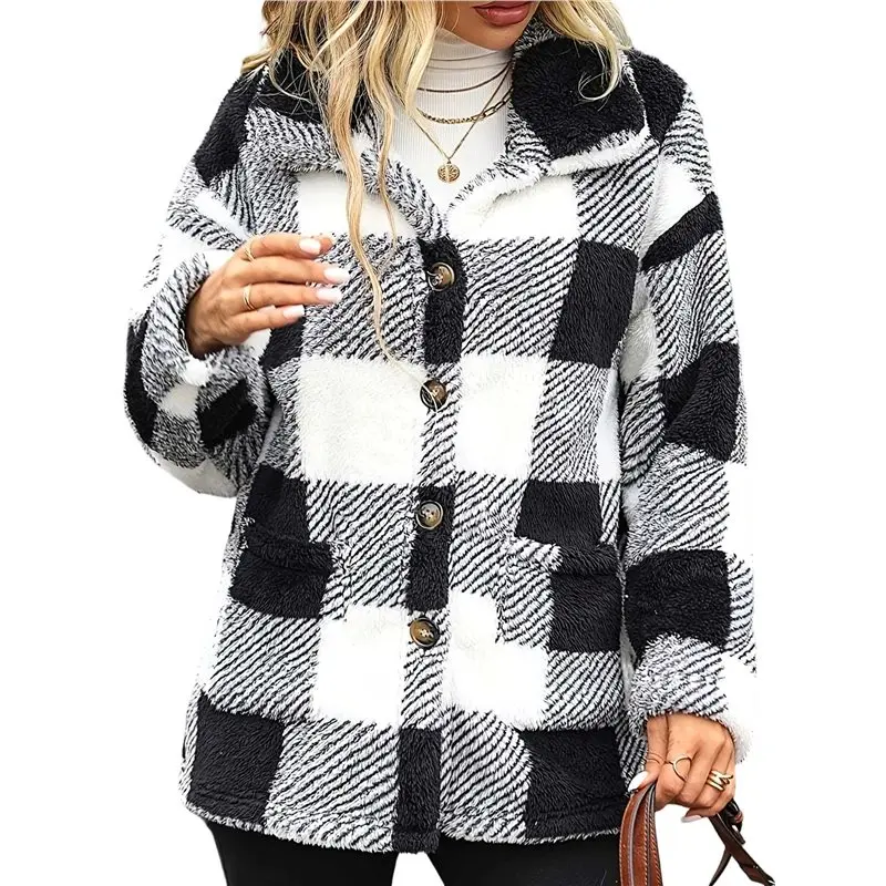 

CYL-Women Winter Coat Button Front Plaid Pattern Double Pocket Drop Shoulder Flannel Coat Long Sleeve Jacket Outwear