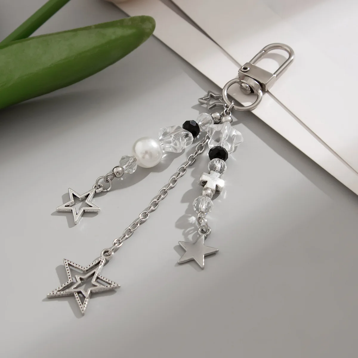 

Black Beaded Keychain Imitation Pearl Tassel Cross Five-pointed Star Pendant Bag Accessories for Women Key Gift