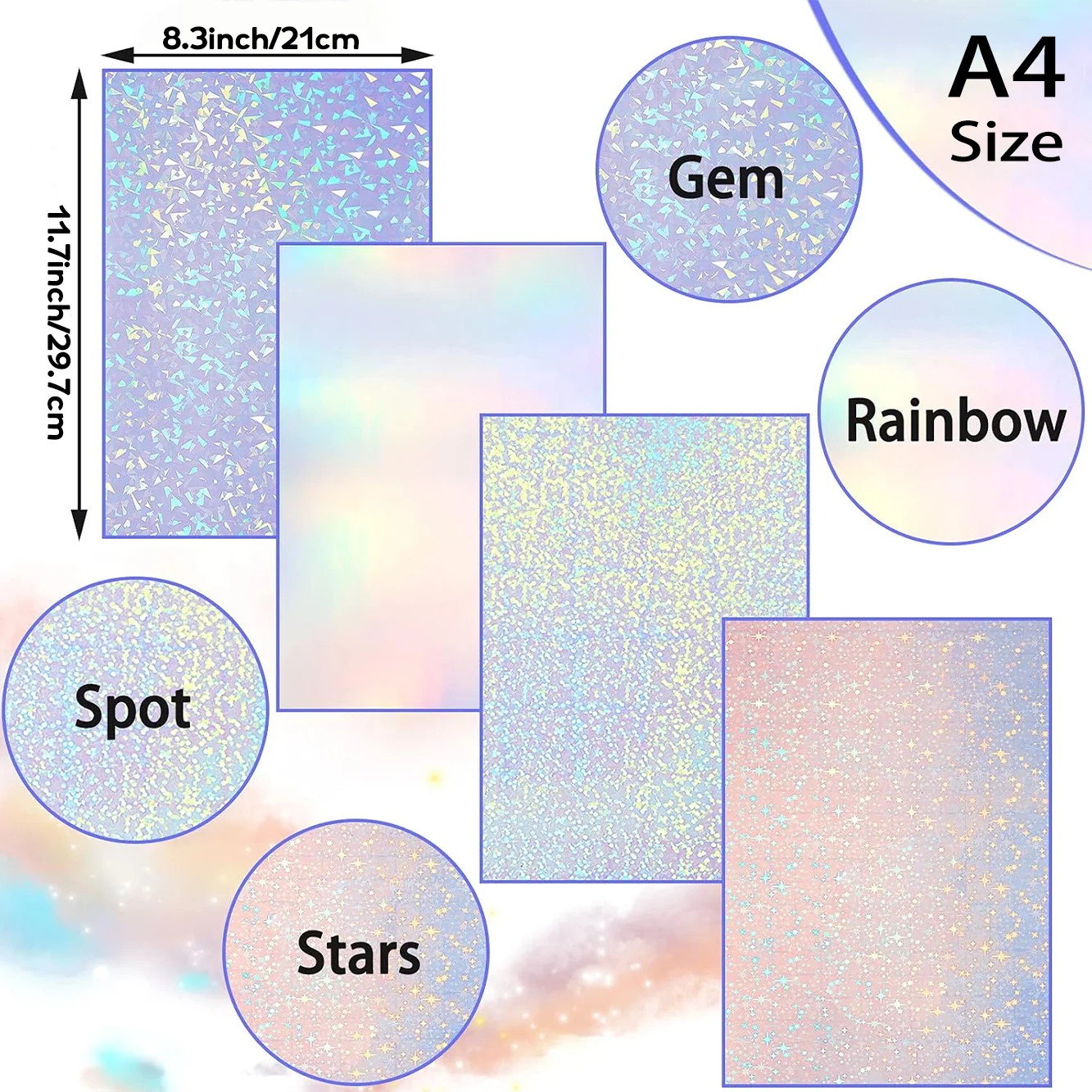 20/40 Sheets A4 Clear Holographic Cold Lamination Film Mixed Styles Waterproof Self-Adhesive Vinyl Sticker Paper 8.3x11.7 Inch