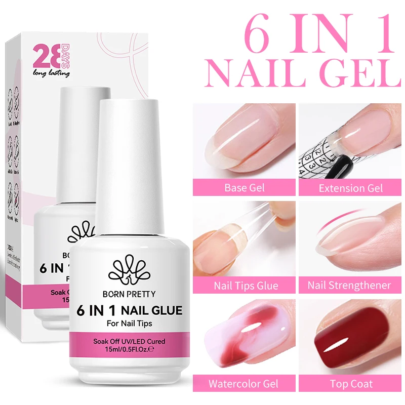 BORN PRETTY 15/10ML 6 IN 1 Colla per unghie Gel per unghie acriliche Soak off Gel Base Top Coat Estensione UV Gel per unghie Punte per unghie finte Gel