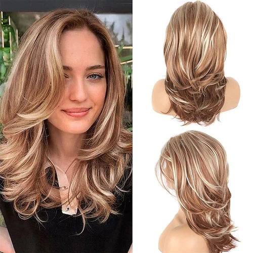 HAIRJOY Pelucas de pelo sintético largo rubio en capas para mujeres onduladas con fibra resistente al calor destacada