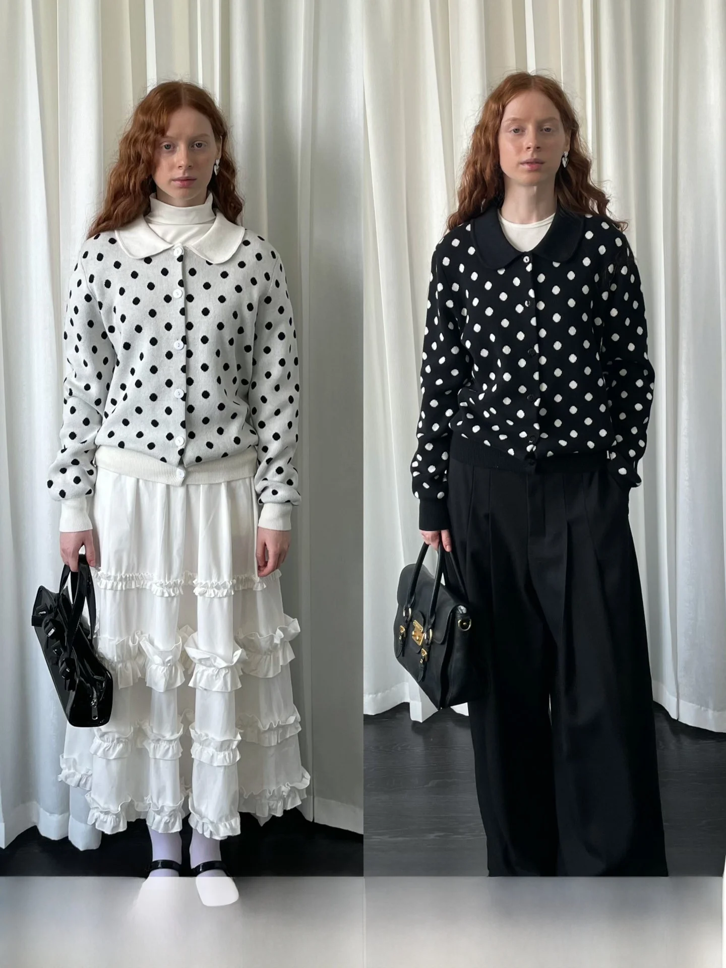 

Bla White Polka Dot Doll Collar Long Sve Knitted Open Cardigan Women's Versatile Slimming Sweater Loose Fit College Sl...