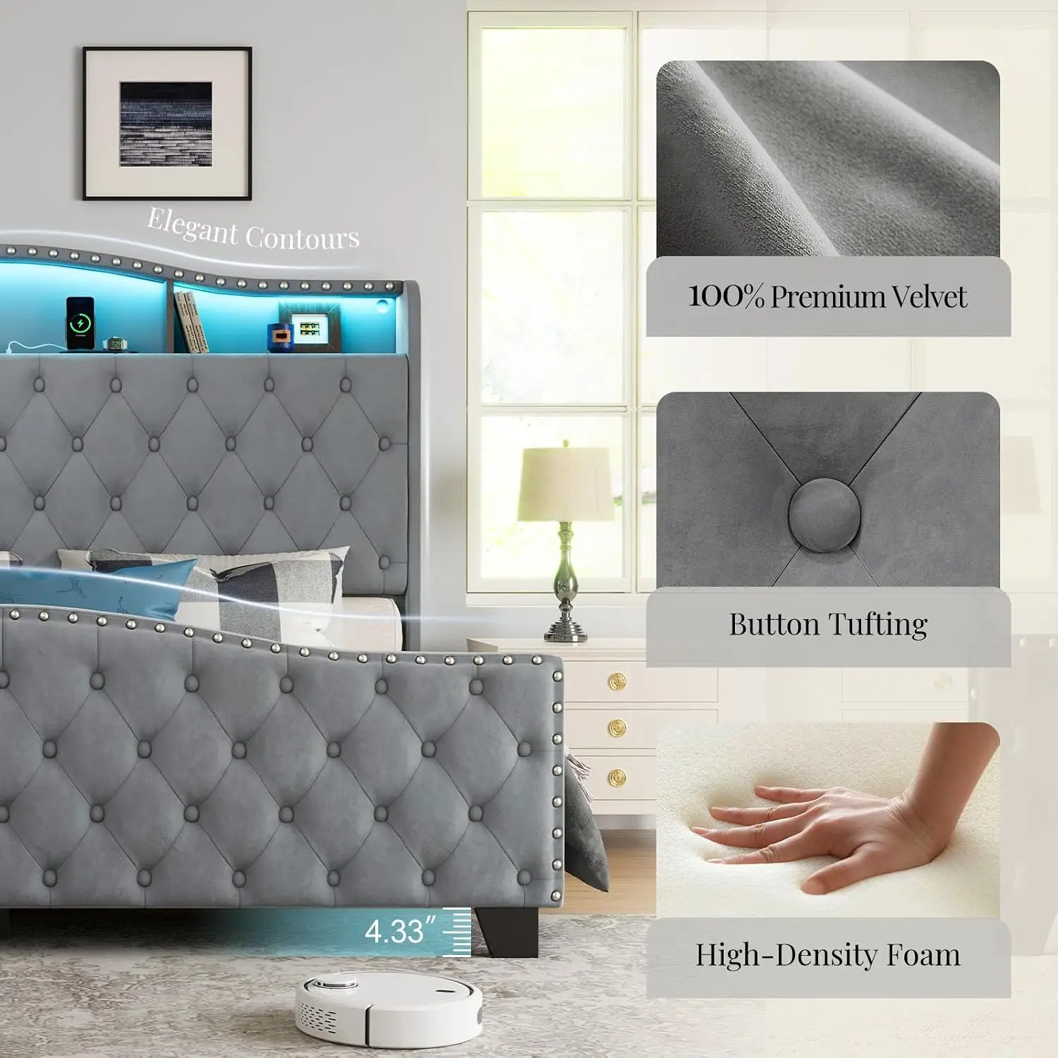 Queen Size Platform Bed Frame with 50.9" LED Headboard, Grey, Customized - view 6