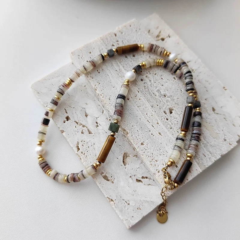 

Ethnic Style New Chinese Ins Trendy Natural Stone Shell Tiger Eye Stone Beads Titanium Steel Necklace for Women Pearl Jewelry