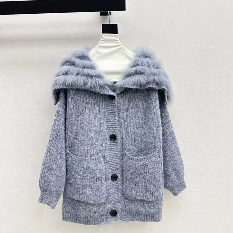 

2025 Winter New Arrival Women's Cardigan Stretch Knit Collared Long-Sleeve Top Fox Fur Collar Patchwork Women's Sweater Y2K Long