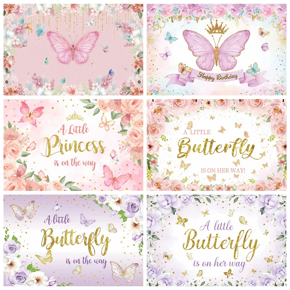 

Cartoon Butterfly Backdrops Girls 1st Birthday Party Gold Dots Pink Flower Baby Shower Photography Background Photo Studio Props