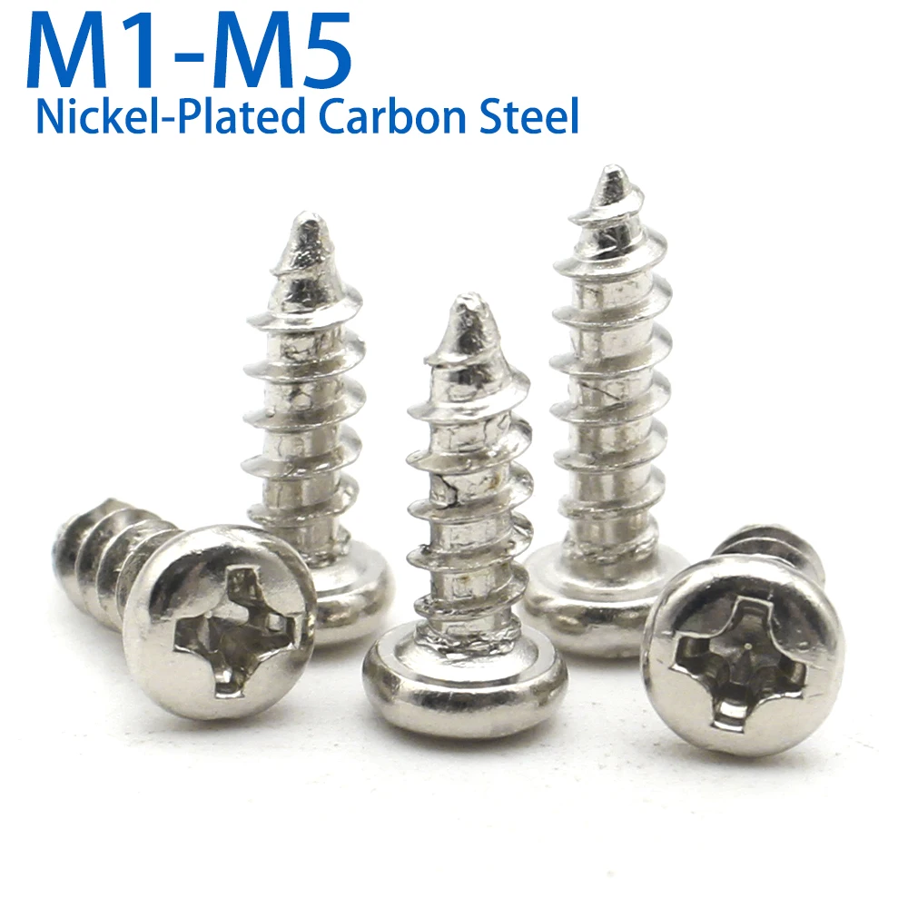 100pcs/lot M1 M1.2 M1.4 M1.7 M2 M2.5 M3 M4 M5 Nickel-Plated Carbon Steel Cross Recessed Phillips Pan Head Self-Tapping Screw