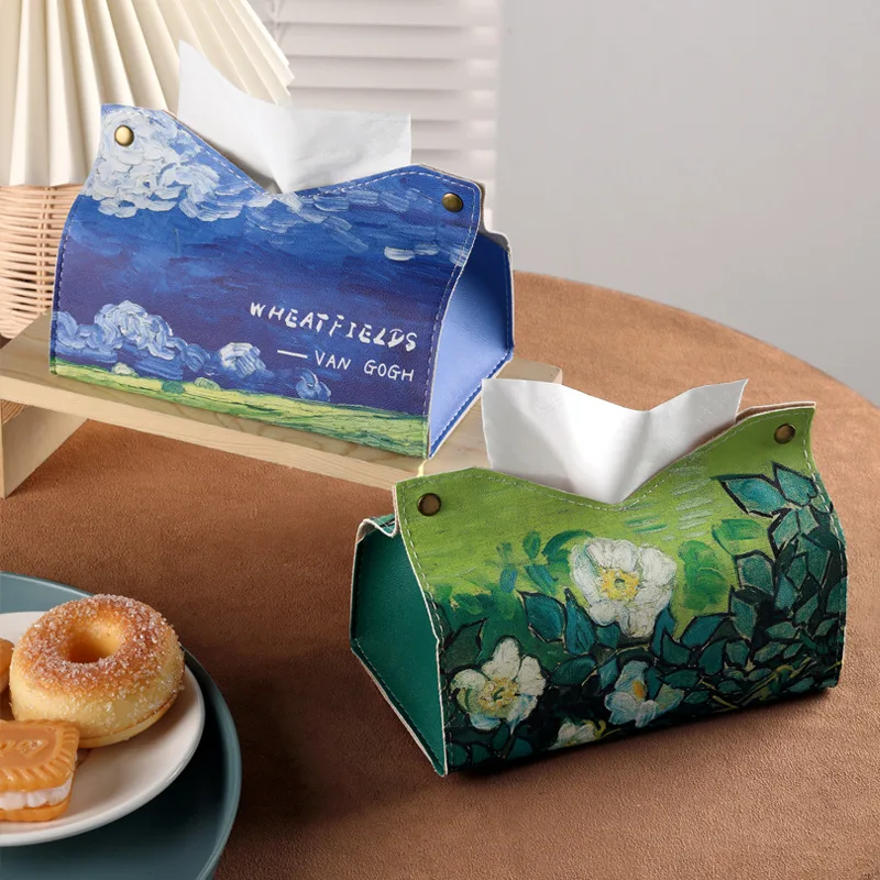 Under The Moon White Rose Oil Painting Tissue Box Light Luxury Style Living Room Home Desktop Paper Box High End Car Paper Box