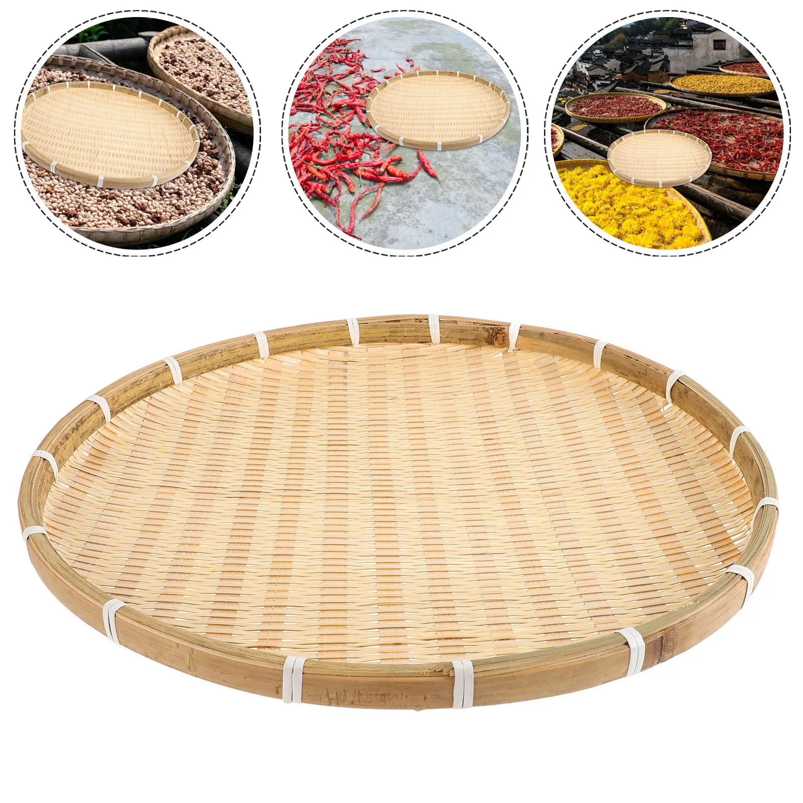 

Bamboo Sieve Round Woven Food Container Tray Kitchen Handmade 42cm Decorative Pastry Snack Storage Dessert Plate Bamboo
