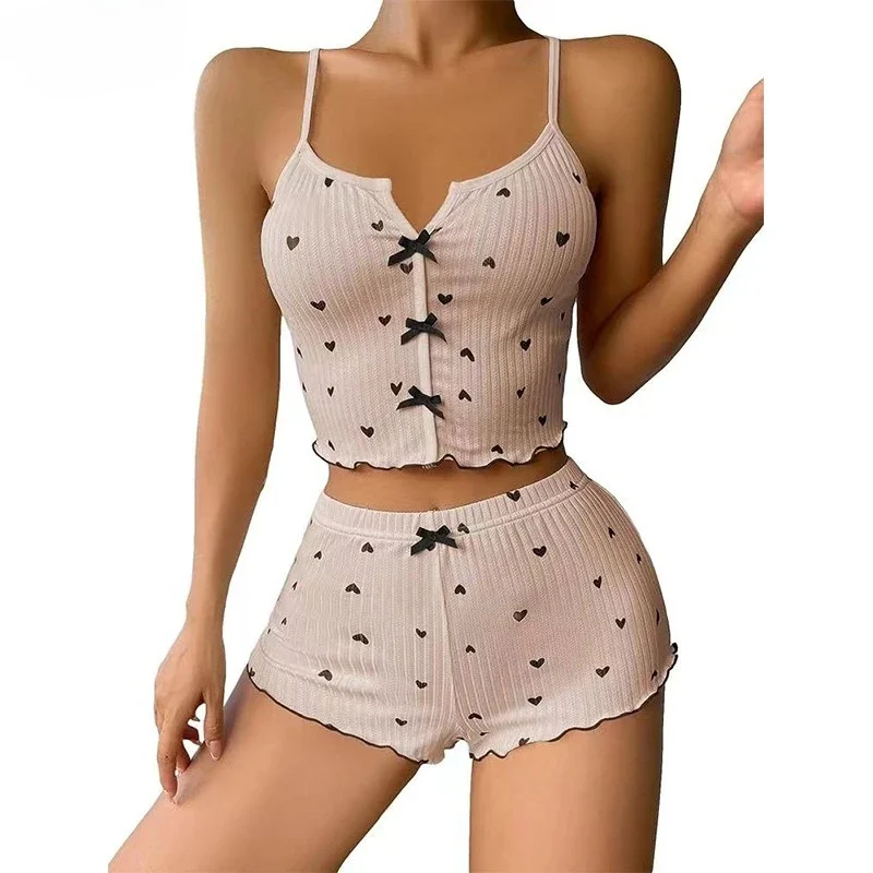 Women's Pajama Pants 2-piece Set  Heart-shaped Print Contrast Color Home Wear, Front Split Halter Pajama Set  Pajamas for Women