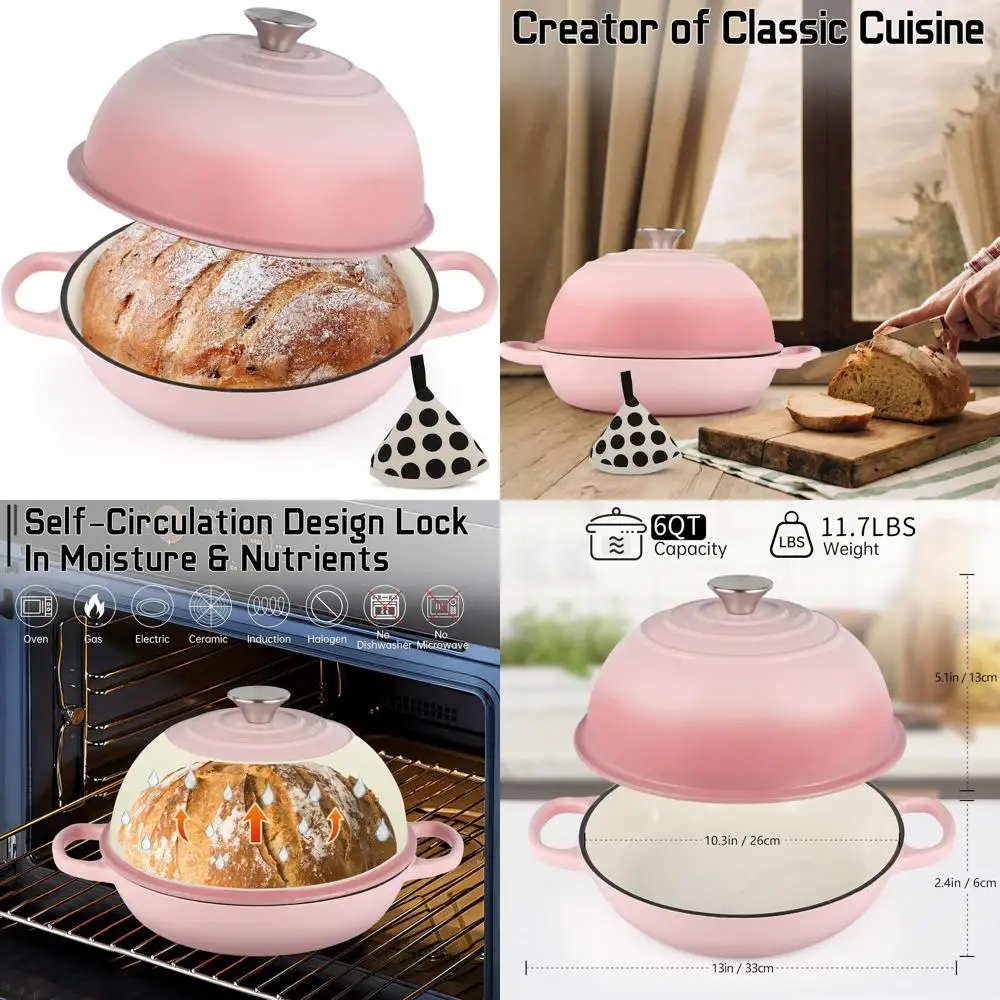 

10-Inch Enamel Cast Iron Dutch Oven with Lid and Cotton Potholder for Bread Baking, 6-Quart Capacity, Ideal for Baking Delicious