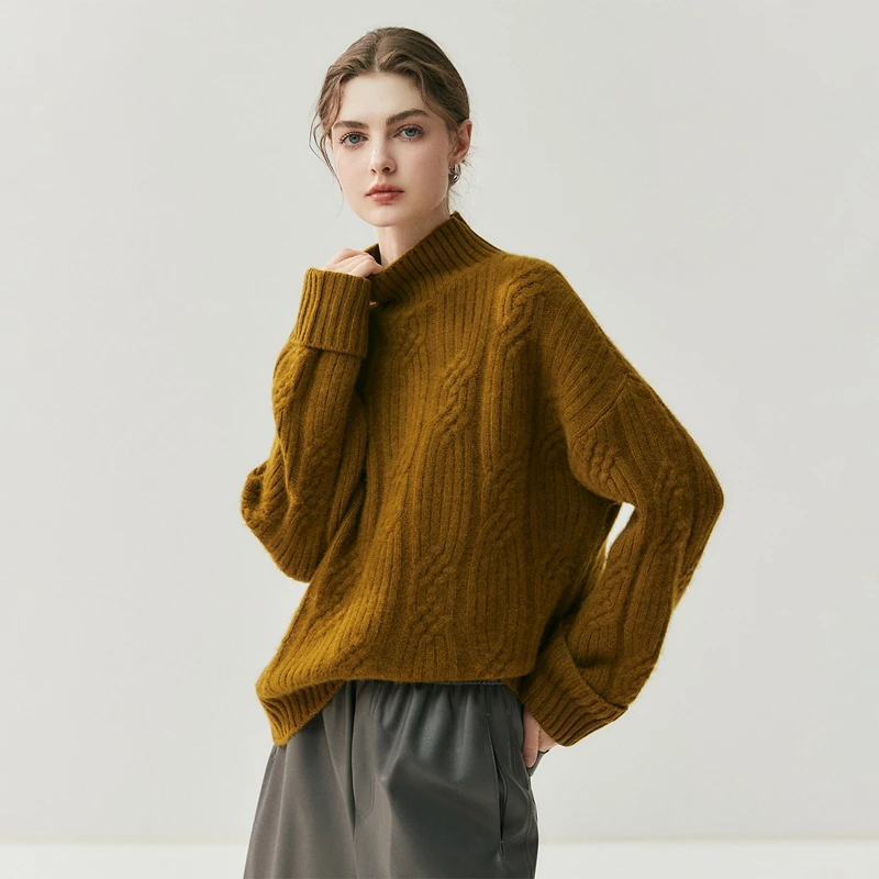 

Толстые топы с воротником-стойкой и ромбовидным узором, женский свитер из 100% кашемира, вязаный шикарный мягкий теплый повседневный пуловер с длинным рукавом, изысканный