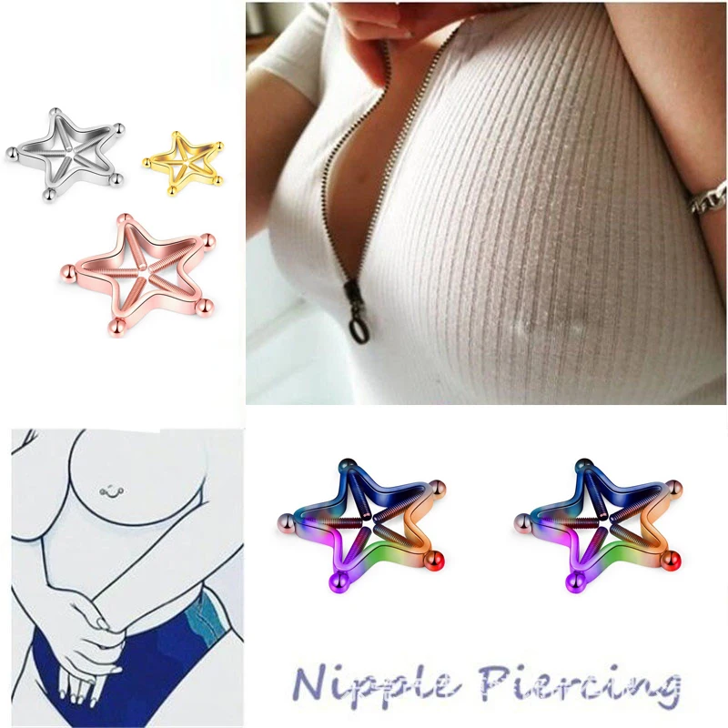 1Pair 316L Stainless Steel Adjustable Nipple Rings for Women, Star Shaped Clip On Nipple Ring Fake Nipple Piercing Jewelry