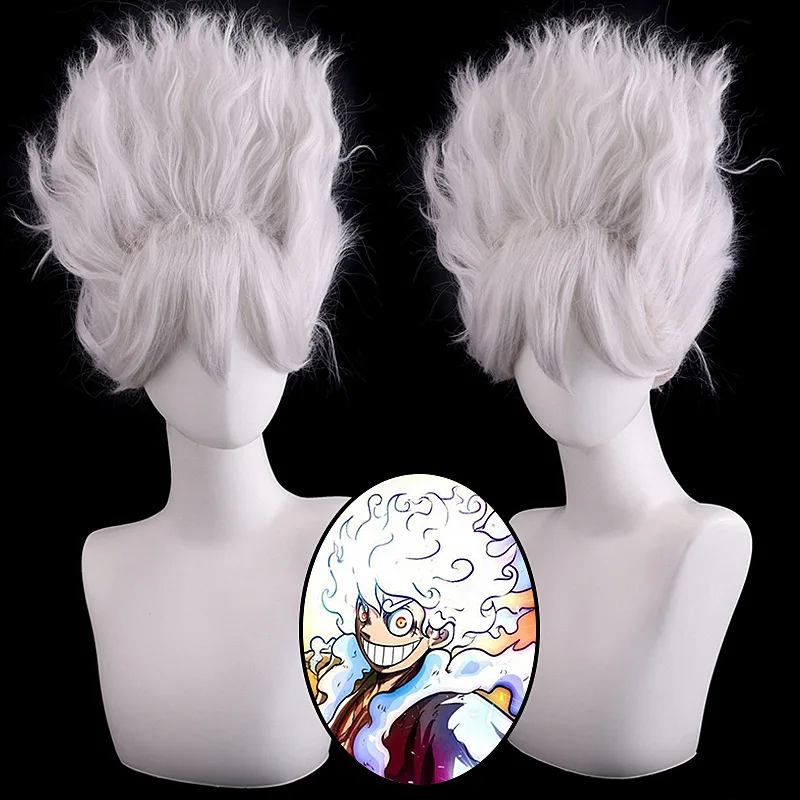 Peluca de Cosplay de Luffy Blanco de Anime, Forma Nik Gear 5, Peluca de Cosplay de Luffy con Cabello Rizado Plateado y Esponjoso, Resistente al Calor, Sintética