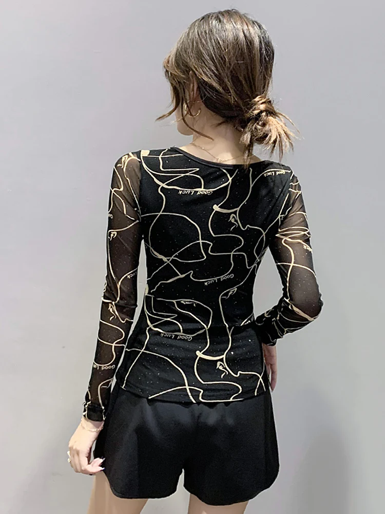 Damen Fce Lined Me Base irt Slim Fit Long Sve V Ne T irt Frühling Herbst Faionable bedrucktes Innenoberteil