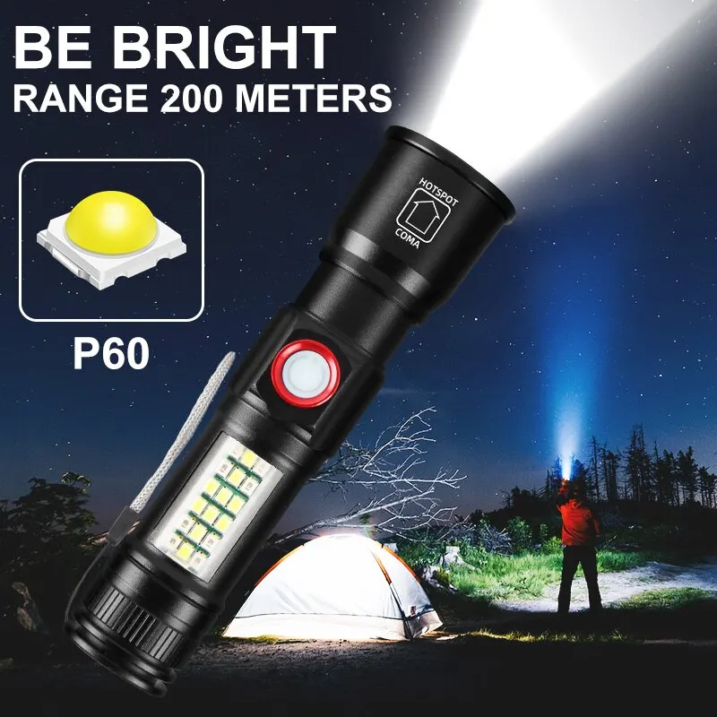 LED Rechargeable Flashlight High-power with 10W Lamp Beads Portable Torch 5 Lighting Modes Zoomable Red Blue Camping Light