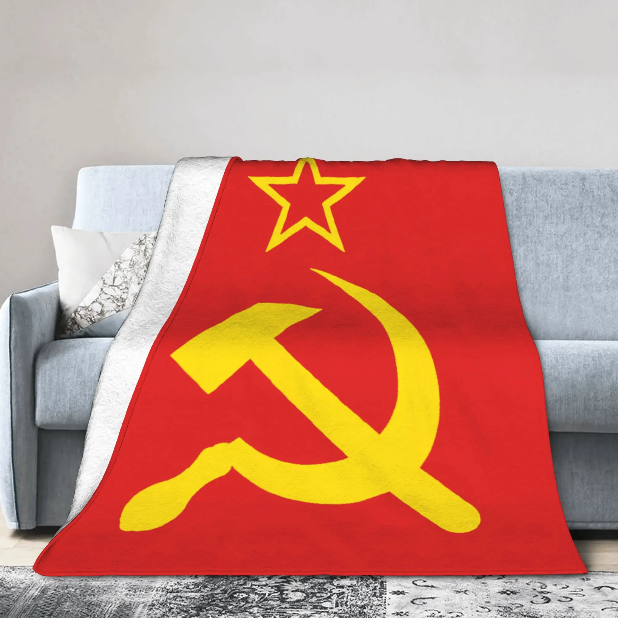 USSR Soviet Union Russian CCCP Blanket Flannel Spring Autumn Hammer Sickle Portable Lightweight Bedding Throw Blanket for Couch