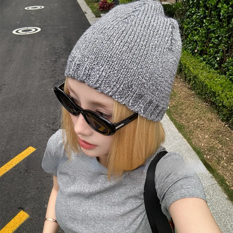 Ins Korean Style Designer Y2k Shiny Cold Cool Street Knit Hat Spring Summer Girl Glitter Fashion Knitted Bag Head Beanie Hat