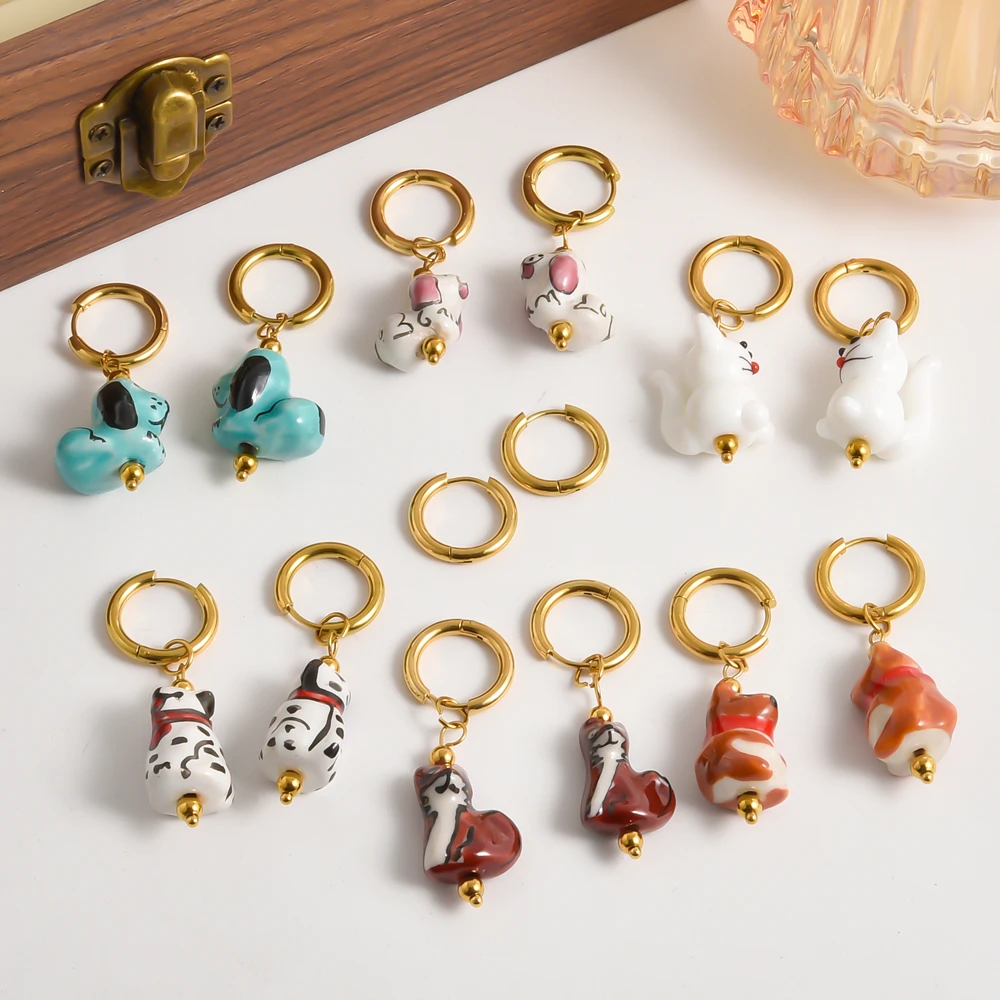 1Pair Kawaii Hand-painted Ceramic Dog Fox Aesthetic Hoop Earrings Trendy Animal Cat Circle Y2K Girl Huggies Ear Aretes Jewelry