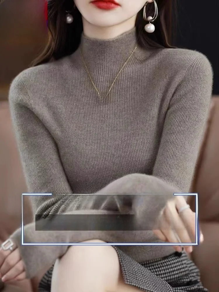 Autumn Winter Women's Slim Fit Wool Knit Base Shirt Long Sleeve Half High Collar Soft Cozy Cashmere Sweater Casual Style