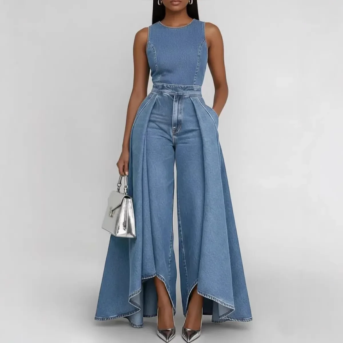 

Women's Denim Sleeveless Jumpsuit High Waist Oversized Flare Wide Leg Pants with Pocketed Skirt Overlay Streetwear Romper Summer