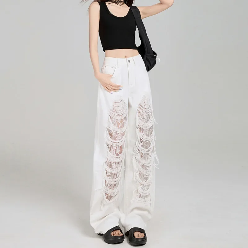 Personality Ripped Lace High-waisted Jeans, New Fashionable Loose and Floor-length Wide-leg Jeans for Women in Spring and Summer