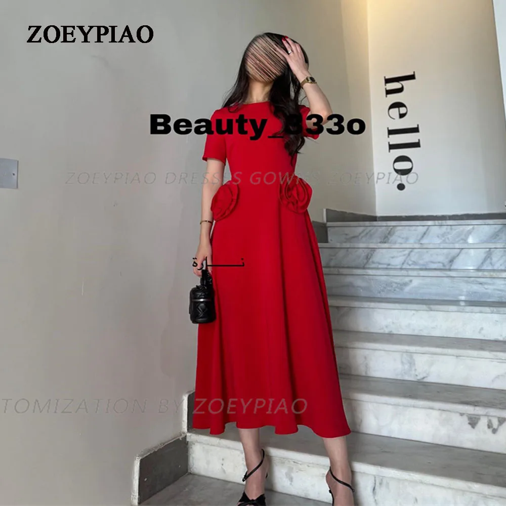 

Red O Neck Saudi Arabic Evening Dresses Cap Sleeves Pleats Satin A Line Dubai Prom Party Dress with Flowers Celebrate Event Gown