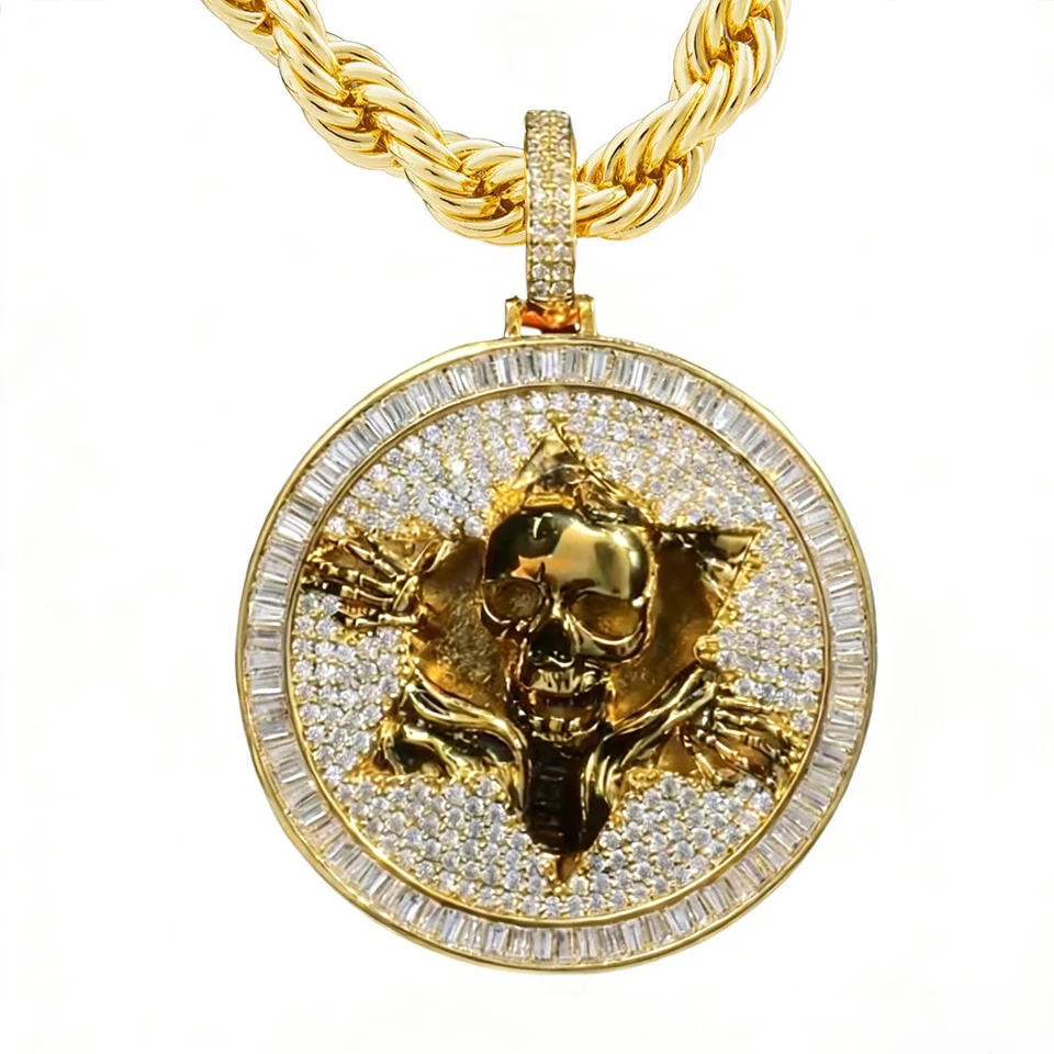 

VANAXIN Iced Out Череп Круг Ожерелье Подвеска для Мужчин Micro Pave Цирконий Кубический 18-каратный Позолоченный Хип-Хоп Ювелирные Изделия Веревочная Цепочка