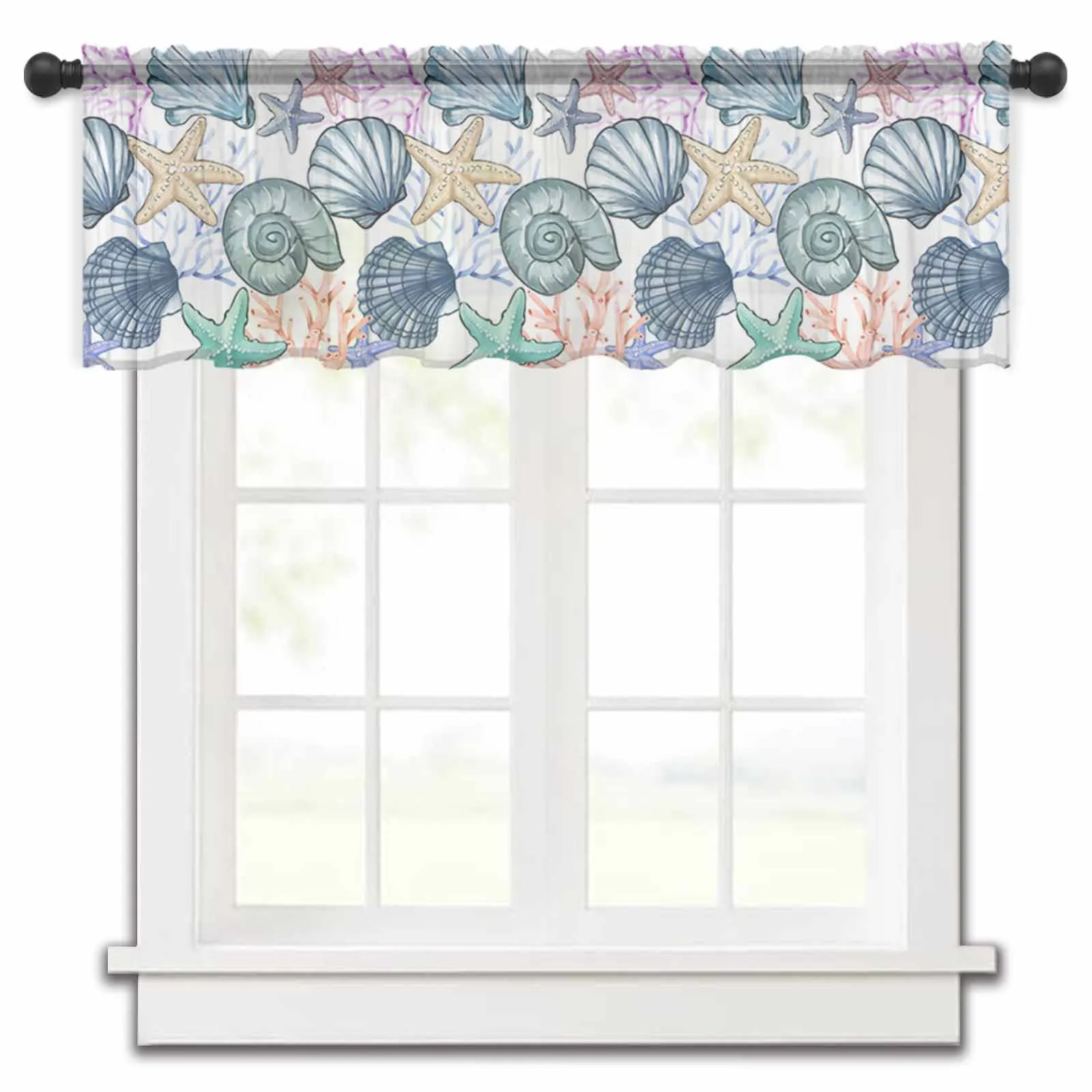 Ocean Summer Shell Starfish Coral Watercolor Kitchen Small Window Curtain Tulle Sheer Short Curtain Living Room Voile Drapes