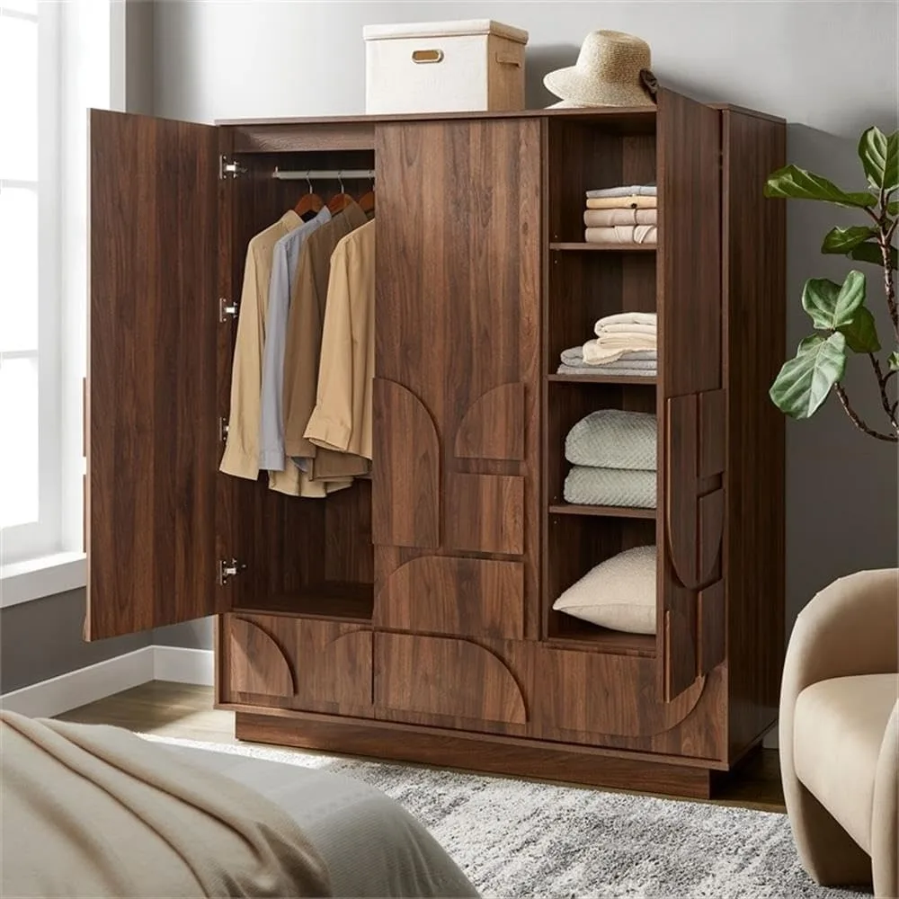 

Contemporary Geometric Pattern Wardrobe Closet in Walnut