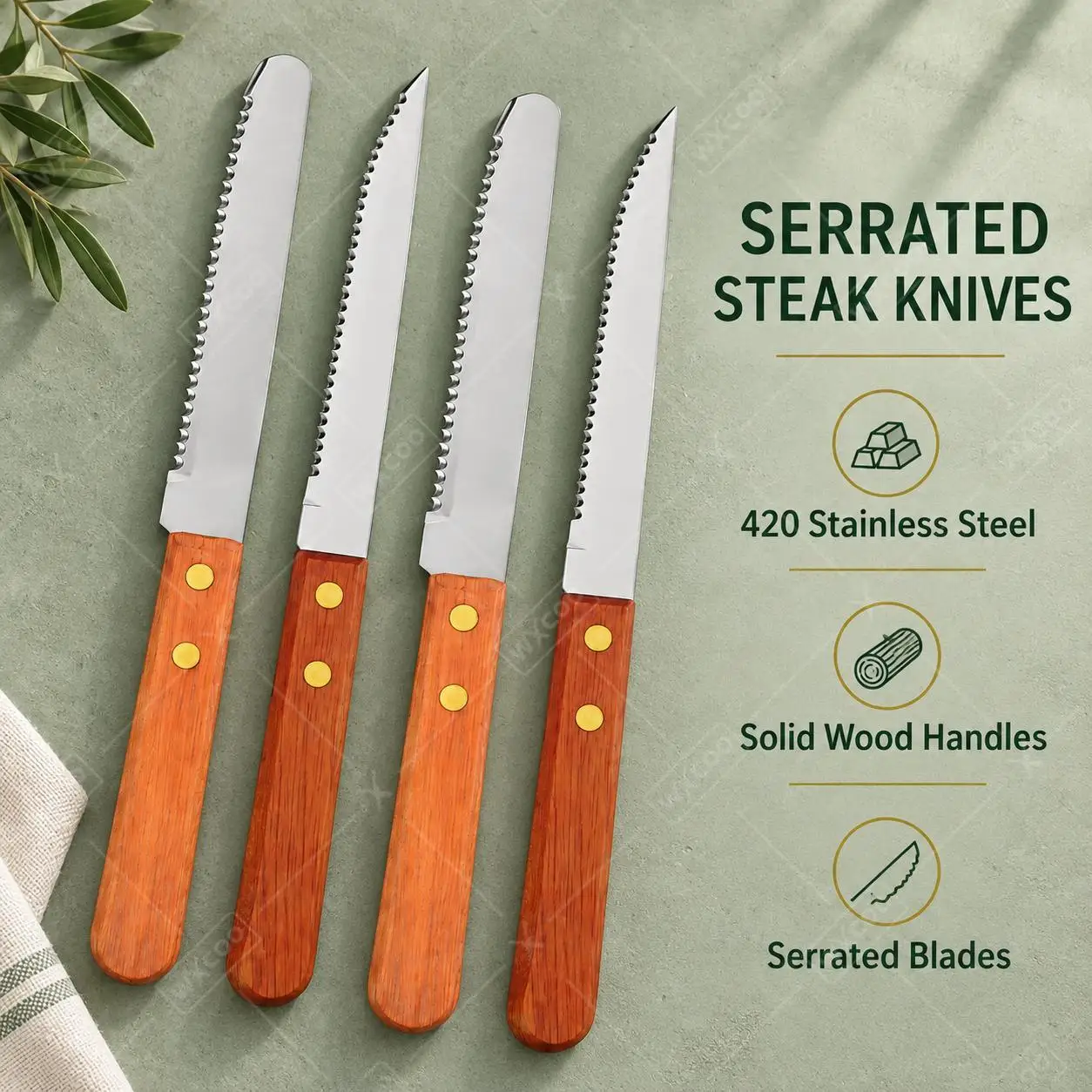 WXCOO Steak Knife Set Full Tang Wood Handle Sharp Serrated Stainless Steel Dinner Cutlery Dishwasher Safe for Meat and Bread