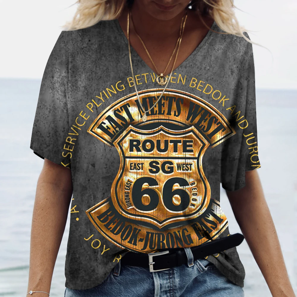 Hot US Route 66 Pattern 3D Print Women\'s V-Neck T-shirts Casual Lady Short Sleeve Oversized Pullover Fashion Tops Women Clothes