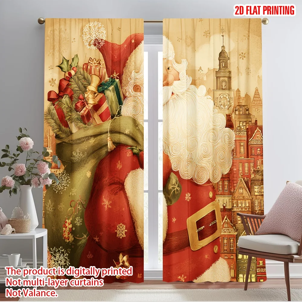 2pcs,2D plane printing Minimalist Curtains Vibrant Santa Polyester Fabric (without rod) Festive Use for Living Room, Bedroom,