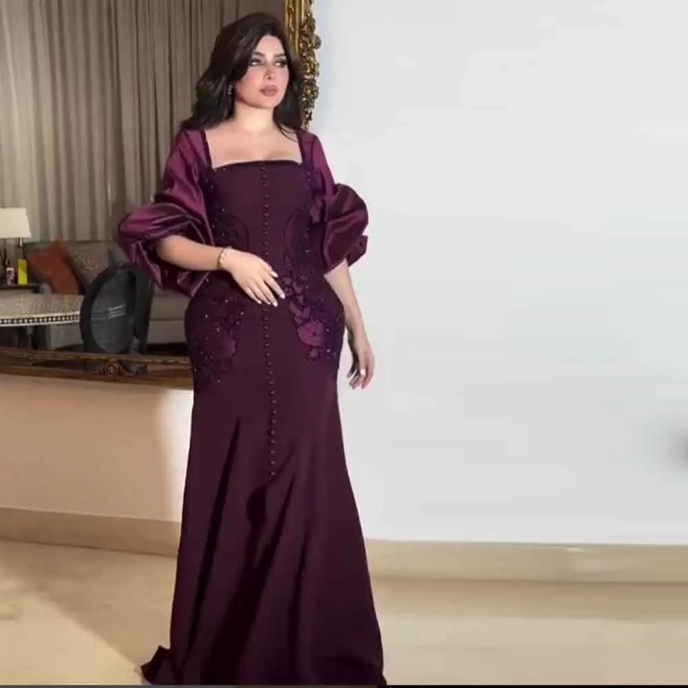 

Customized Grape Purple Evening Dress with Half Sleeve Square Neck Front Button Birthday Dresses Pleat Cape Formal Wear