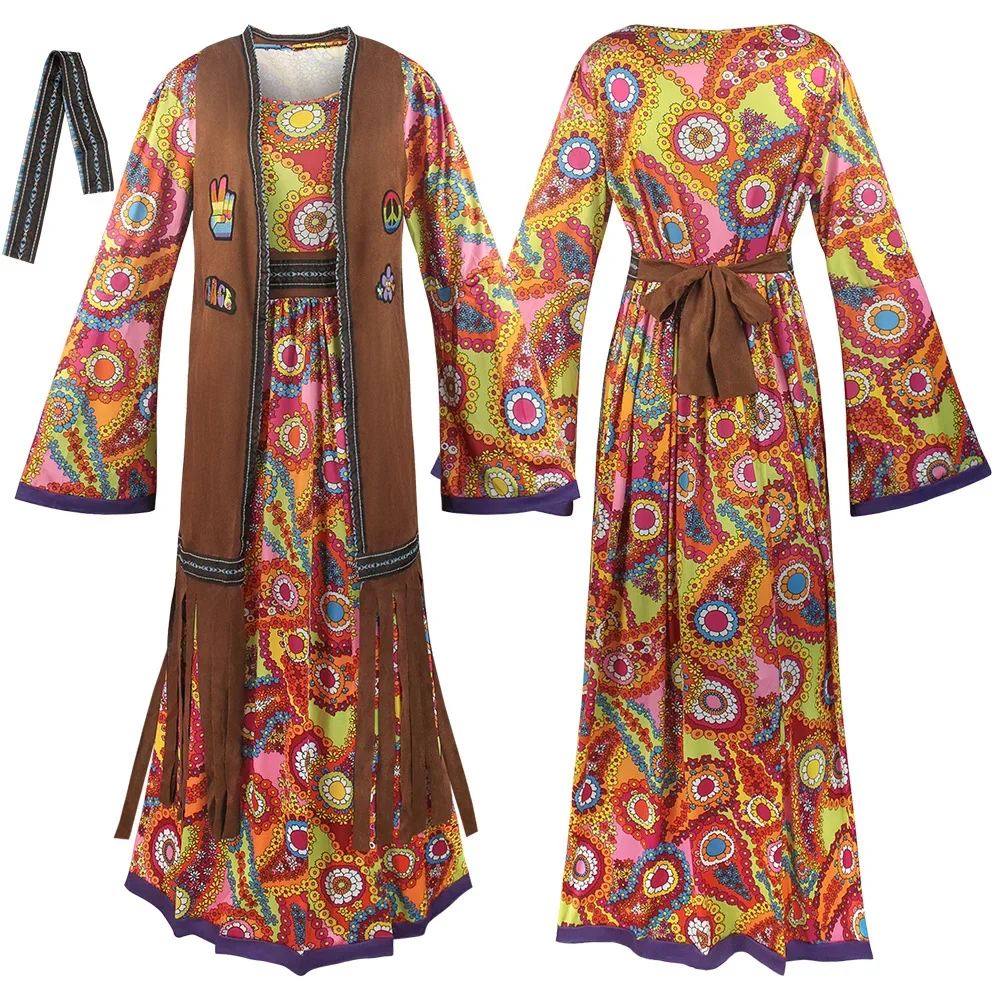 Vintage 60s 70s Hippie Disco Cosplay Costume Women Peace Love Rock Hippie Dress Suit Indian Tribe Fancy Tassels Dress Halloween