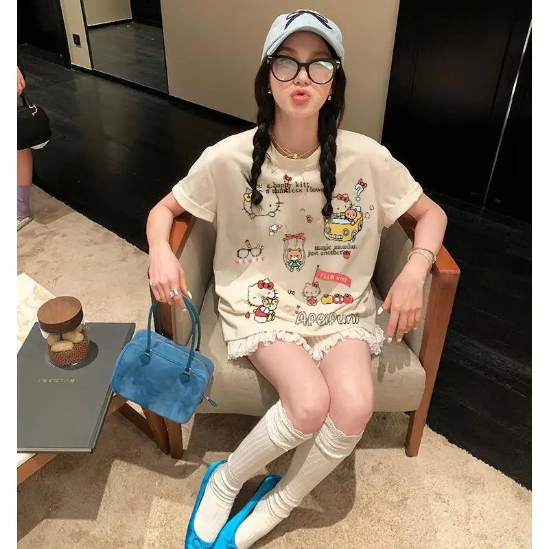 Summer Hello Kitty Cartoon Print Casual Versatile Popular Women's Tops Pure Cotton Short-Sleeved T-Shirt Large Size Women's Ins
