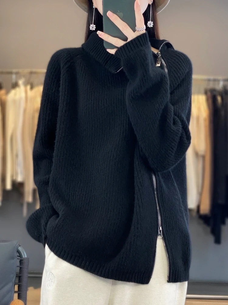 Aliselect  Fashion Women Clothing 100% Merino Wool Sweater Turtleneck Long Sleeve Spring Autumn Winter Cardigan Knitwears Tops