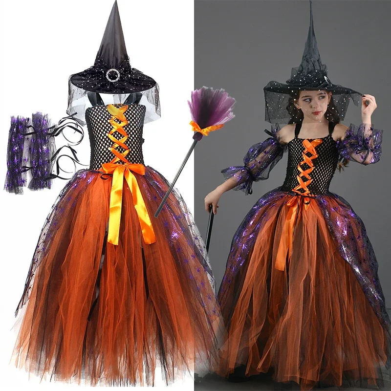 Halloween Witch Cosplay Girl Costume Dark Gothic Elegant Kids Evil Queen Gown Tutu Dress with Headband Broom Vampire Dresses