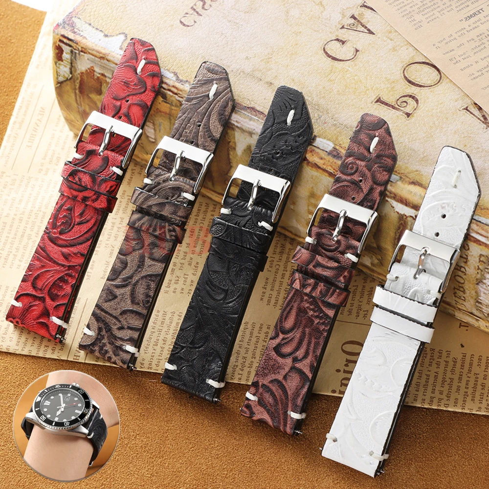 Vintage véritable 20 22mm rétro imprimé motif peau de vache Bracelet de montre bracelets pour Seiko Bracelet de montre en cuir pour hommes femmes