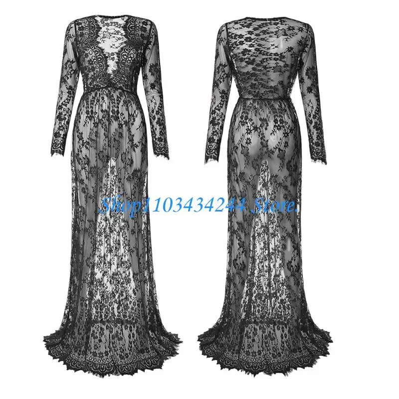  Breathable Maternity Long Sleeve V Neck Lace Sheer Fitted Dress Including Romance Train for Pregnancy Photos Parties view 5