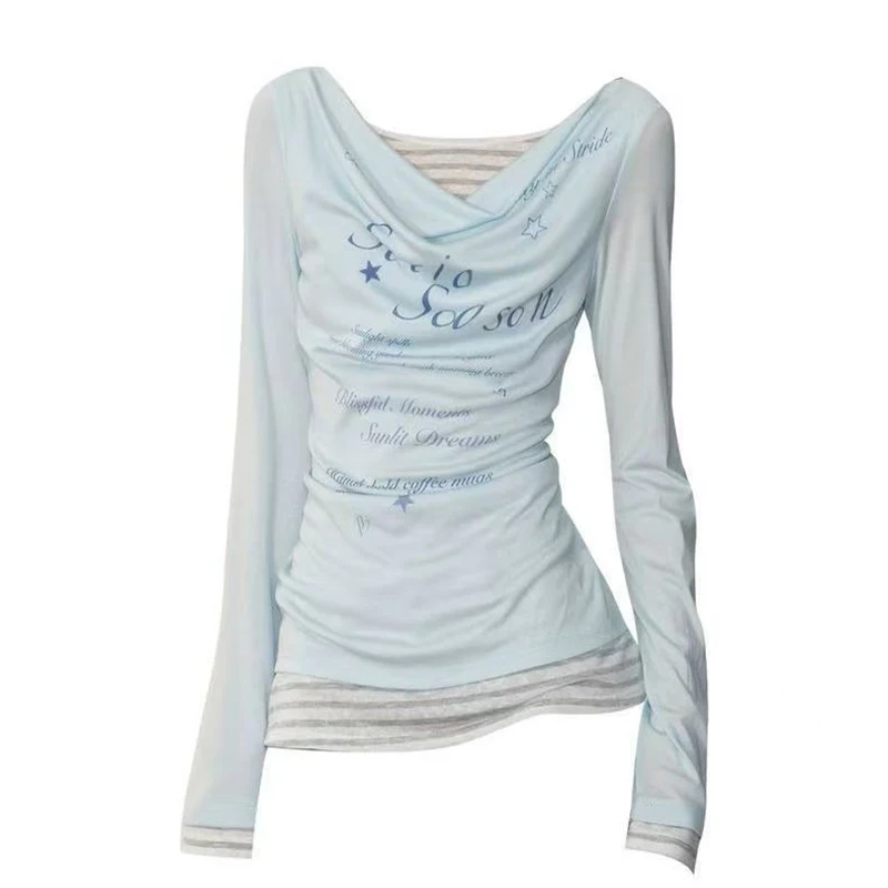 

Y2k Панк Футболки для женщин Принт Туника с длинным рукавом Тройники Модные корейские хип-хоп Y2k Топы с разрезом на шее Повседневные футболки Ropa Mujer